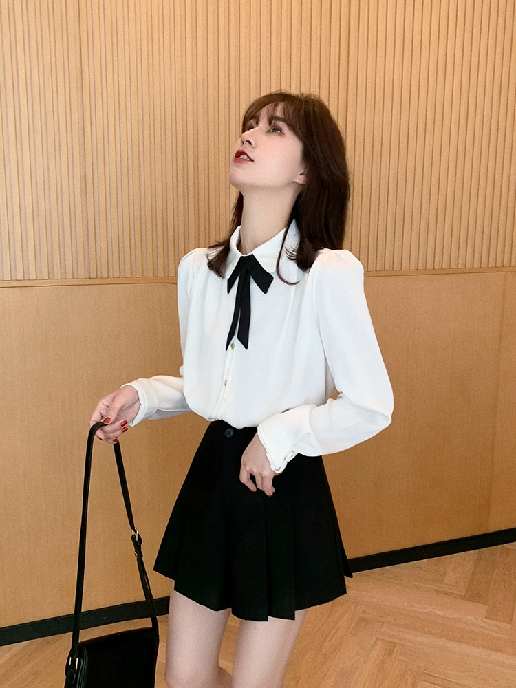 小穀粒2023春秋新款醋酸緞面白襯衫女內搭襯衣設計感小眾法式上衣
