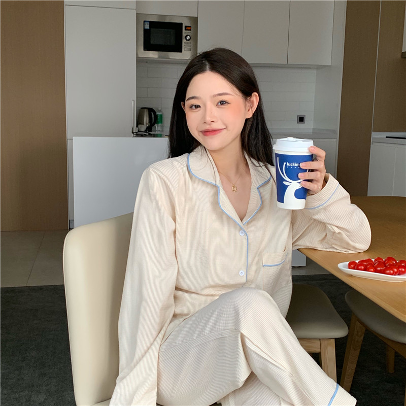 實拍韓版秋冬棉麻小清新細條寬鬆休閒簡約少女撞色家居服套裝