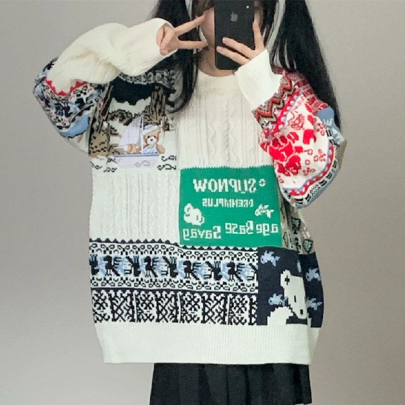 日系復古大碼卡通麻花毛衣女冬加厚外穿寬鬆慵懶風顯瘦毛針織上衣