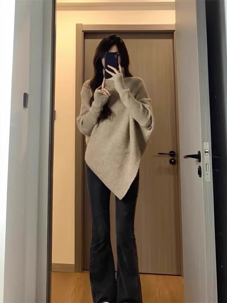 法式氛圍感不規則高領毛衣外套女秋冬韓系溫柔小眾設計針織衫上衣