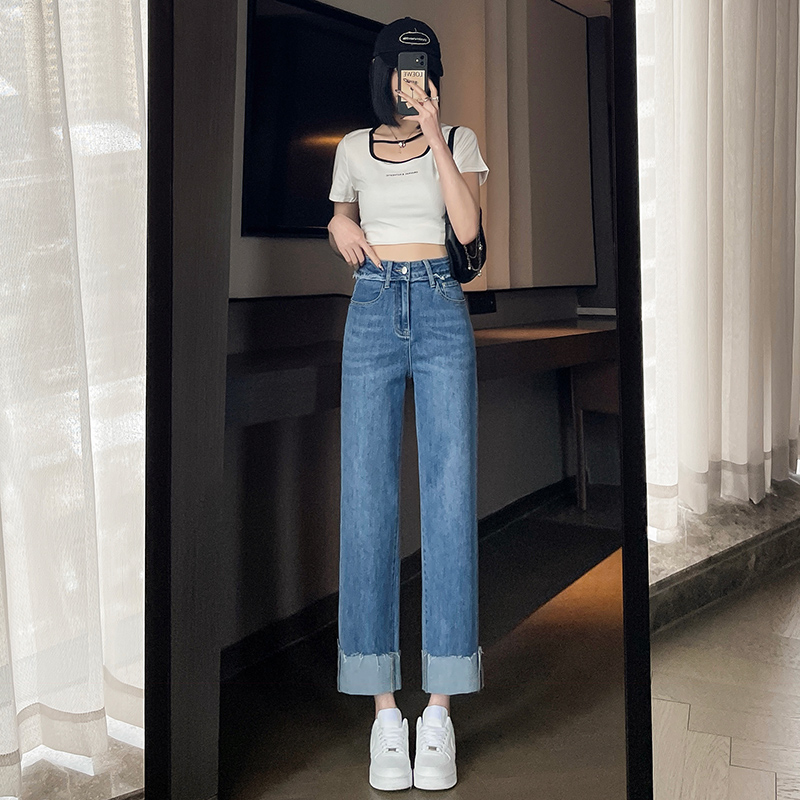實拍2023秋季時尚潮流高腰直筒卷邊復古牛仔褲女