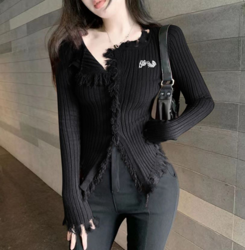 Tassel raw edge knitted cardigan jacket for women in autumn pure desire hottie v-neck top irregular bottoming shirt with sweater inside