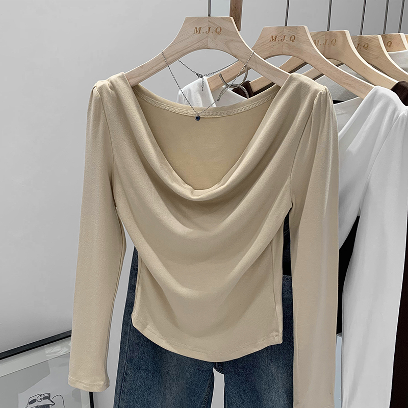 Actual pictures of French swung collar long-sleeved slim fit and versatile pleated irregular pullover T-shirt tops for women
