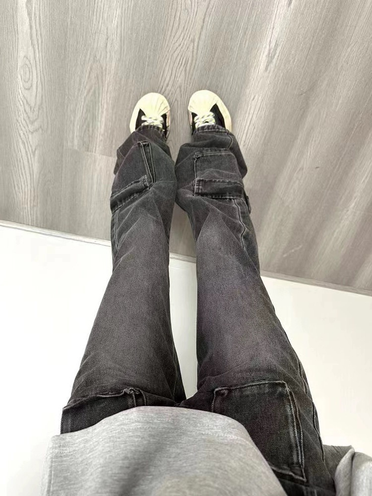 復古口袋工裝牛仔褲女2023秋季新款高腰顯瘦闊腿褲子