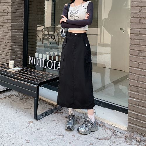 Actual shot ~ American workwear skirt for women in autumn, high-waisted A-line slit skirt, slim, casual, versatile mid-length skirt