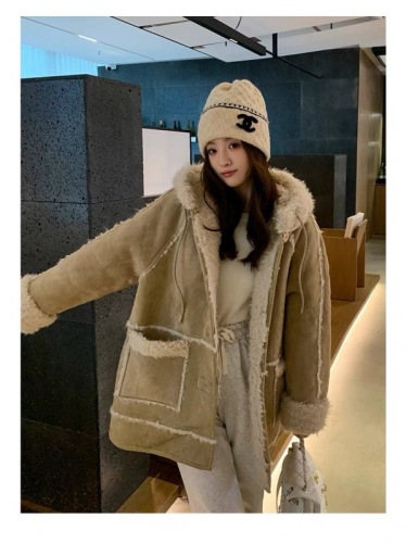 Maillard hooded thickened lambswool coat for women winter plus velvet casual loose mid-length fur all-in-one cotton coat