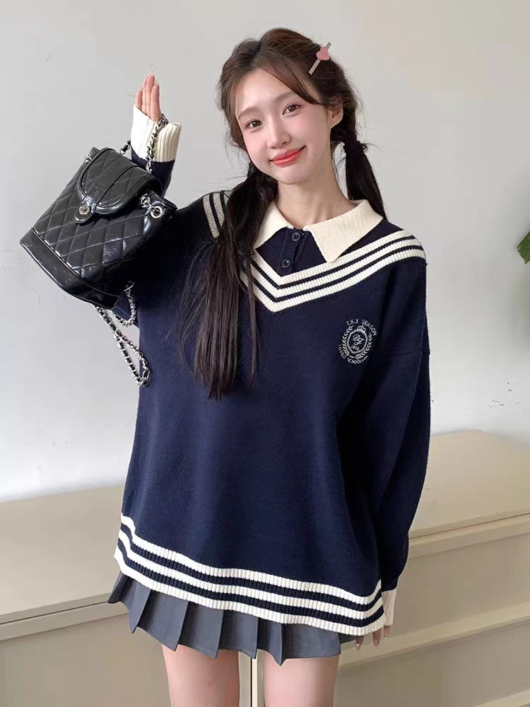 jk秋冬慵懶風毛衣百搭新款女裝學院風刺繡假兩件針織衫
