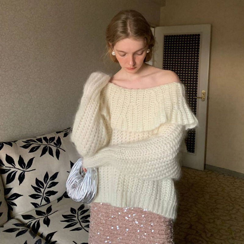 One-shoulder pure desire knitted sweater for women autumn and winter 2023 new style lazy style loose backless long-sleeved sweater top