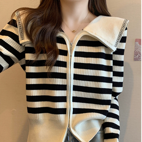Black and white striped cardigan knitted jacket for women spring and autumn navy collar thin sweater French high-end small fragrance top