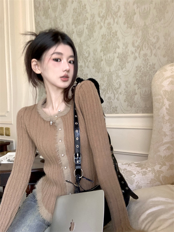 Real shot of plush splicing pit strip long-sleeved knitted cardigan autumn and winter Korean style chic slimming sweater base