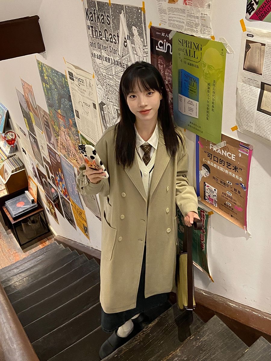 Double-breasted suit collar coat for women 2023 new autumn and winter high-end slim woolen coat for small people