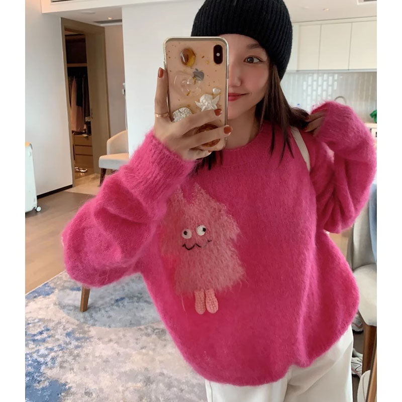 Sweater women's autumn and winter outfit little monster round neck pullover loose lazy style Barbie pink knitted long-sleeved top for women