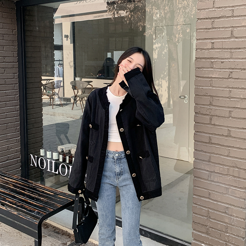 Real shot ~ Black denim small fragrance jacket for women 2023 autumn loose mid-length jacket cardigan top