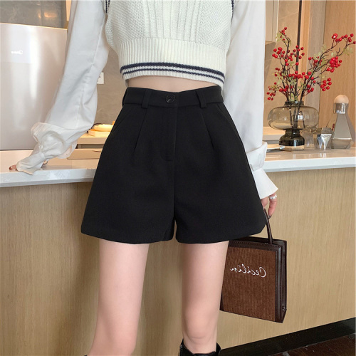 Brown woolen shorts for women in autumn and winter new outer boot pants slimming high waist wide leg casual a-line pants