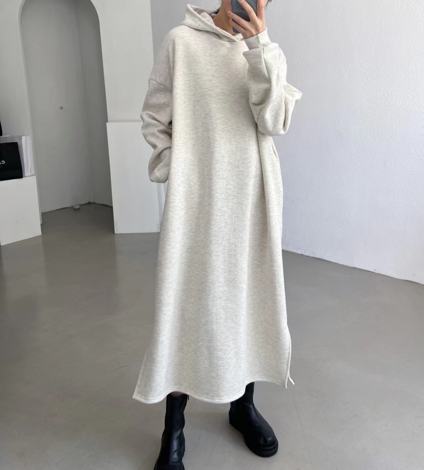 尺碼更新chic冬季連帽長袖加絨衛衣裙女寬鬆慵懶開叉長裙