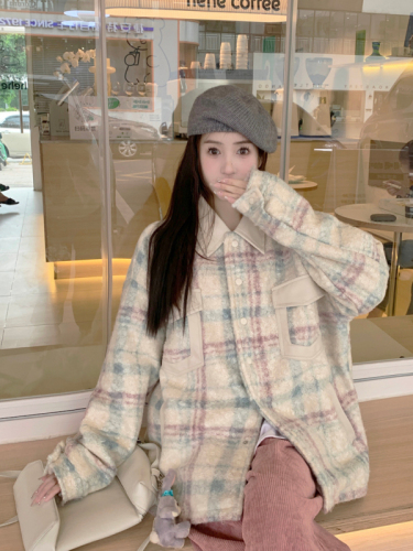 Real shot of autumn and winter  new double-layer inner plaid mid-length sweet and cool casual jacket coat top for women