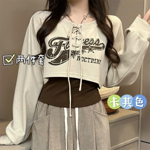Two-piece set Dopamine Outfit 2023 new long-sleeved T-shirt women's two-piece set design loose top