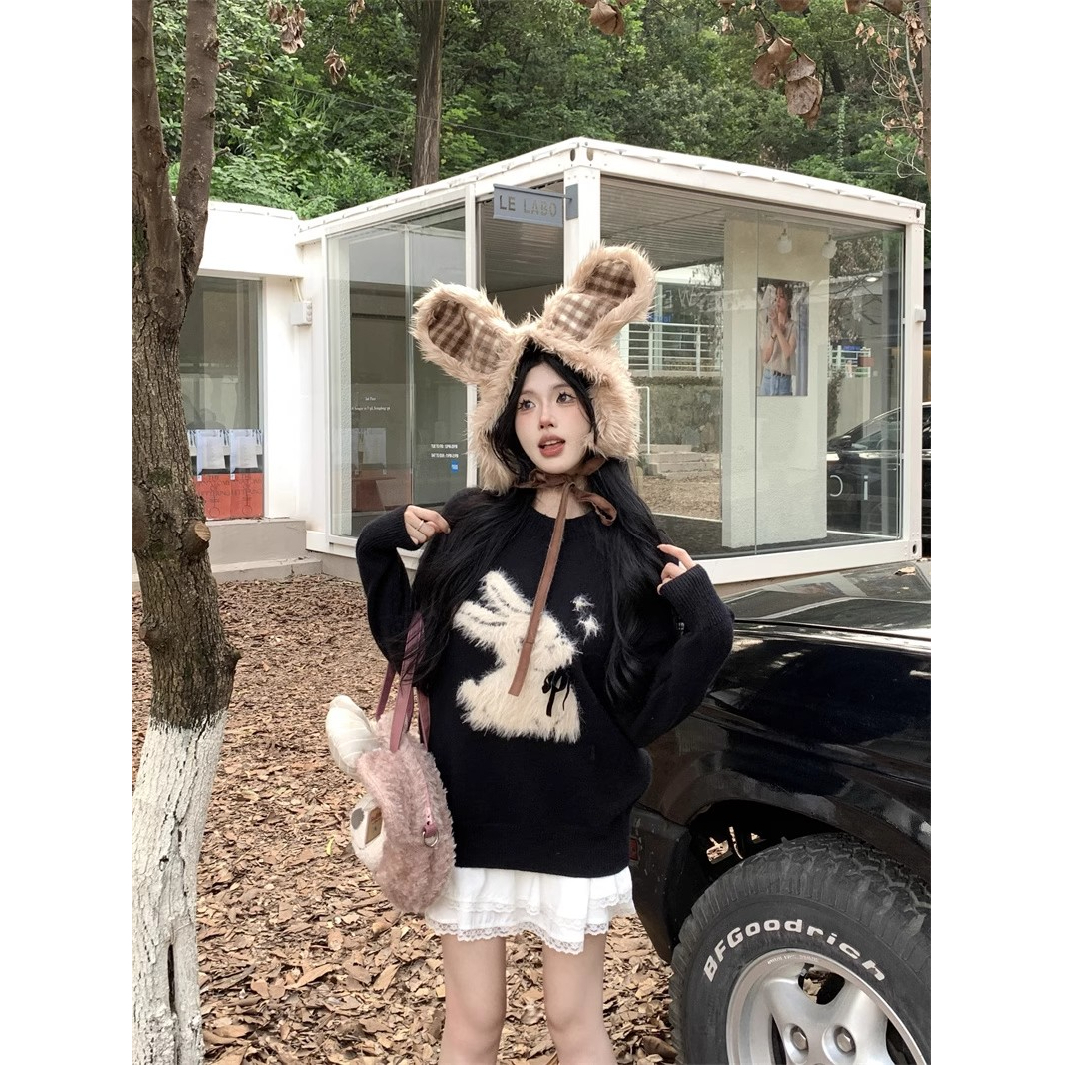 Breast fufu lazy style rabbit jacquard pullover sweater for women autumn and winter loose long-sleeved sweater black top outer wear