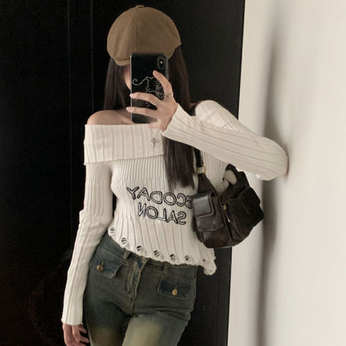 Hot girl lettered one-line neckline off-shoulder long-sleeved sweater for women pure lusty ripped hole irregular top bract yarn dyed