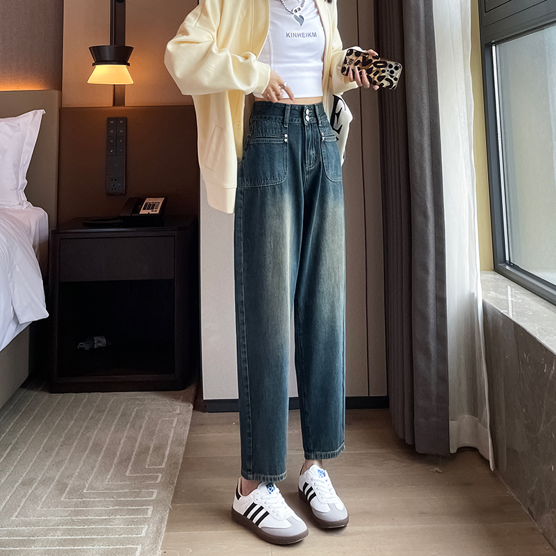 實拍2023秋季時尚潮流高腰老爹復古牛仔褲女