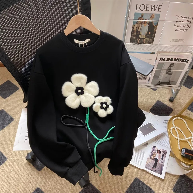 黑色衛衣女2023新款春秋季寬鬆小個子加絨花朵oversize上衣服