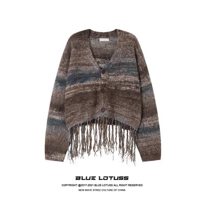 Guoguojia plaid knitted cardigan jacket for women autumn new lazy style loose sweater retro wool top