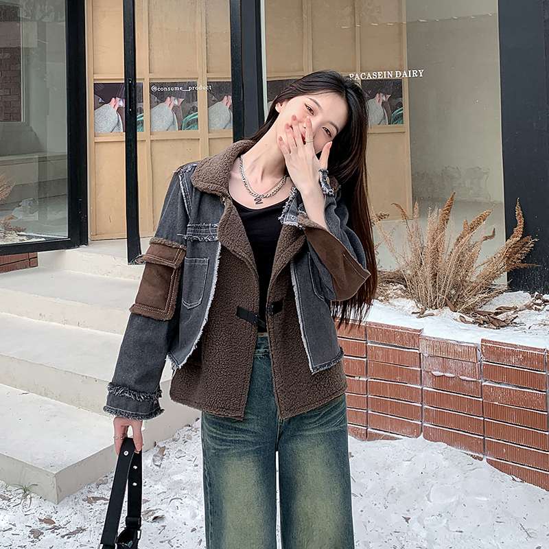 Real shot ~ Denim splicing jacket for women 2023 winter new Korean style loose and slim lamb wool jacket top