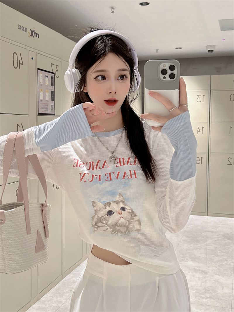 Sweet hot girl cat print long-sleeved T-shirt for women early autumn pure lusty style slimming design contrasting color short top