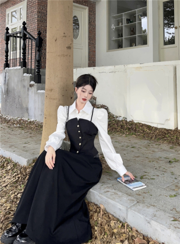 Real shot of Korean style lapel straps spliced ​​fake two-piece puff sleeve waist slimming shirt top small coat for women