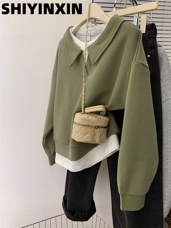 Chinese cotton composite milk silk small green fake two-piece polo collar right shoulder hooded sweatshirt for women autumn