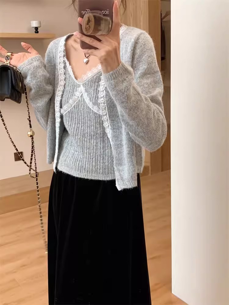 法式蕾絲邊針織開衫女2023秋季吊帶小背心毛衣兩件套短款辣妹上衣