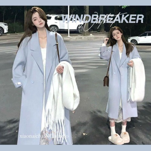 Woolen coat 2023 new autumn and winter small temperament thickened long Hepburn style blue woolen coat for women
