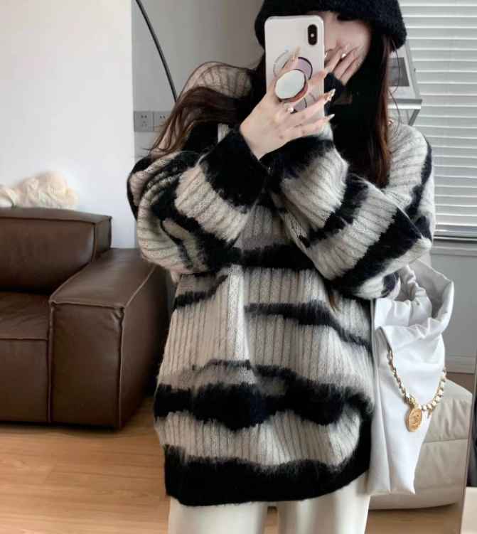 慵懶風軟糯撞色條紋毛衣秋冬女2023寬鬆顯瘦設計感小眾針織上衣