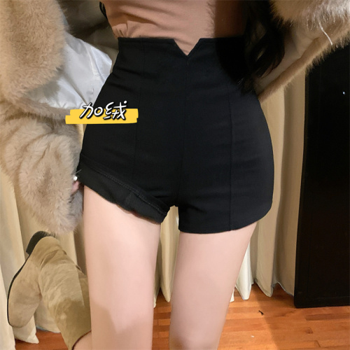 Real shot of velvet outer stretch shorts for women, high-waisted, black, slim, versatile, A-line suit, outer wear, boots and pants, trendy