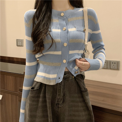 Real shot of retro gentle striped round neck knitted cardigan women's jacket top