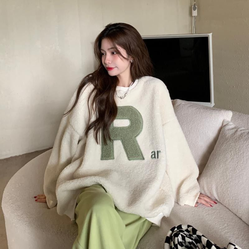 Imitation lamb wool letter thickened round neck sweatshirt for women autumn and winter new style lazy style versatile loose warm top