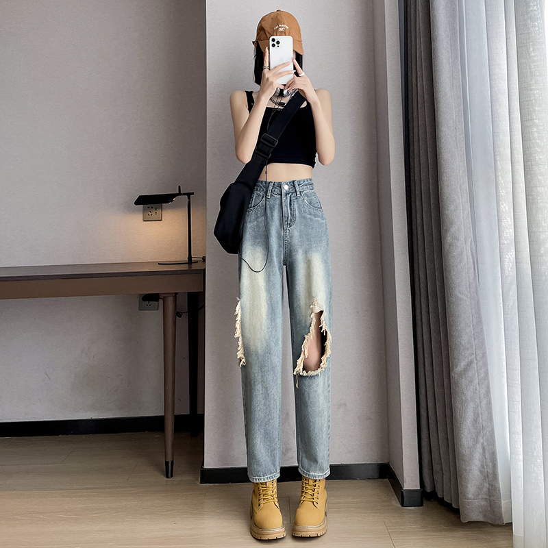 實拍2023秋季時尚潮流高腰哈倫復古牛仔褲女