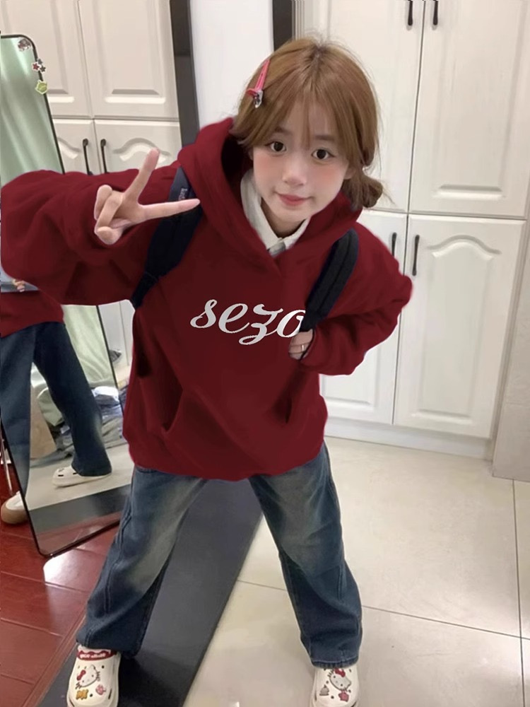 Burgundy hooded velvet sweatshirt for women 2023 new autumn and winter American trendy brand niche design top clothes