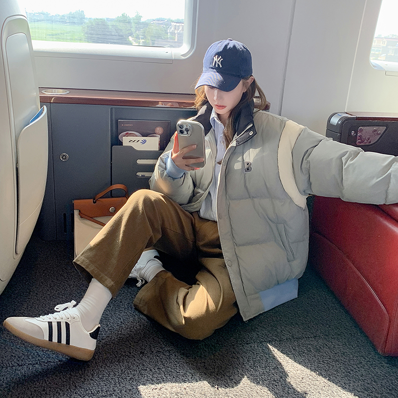 Actual shot of Korean style color-blocking down jacket for women 2023 winter new stand-up collar student cotton coat bread coat small man coat