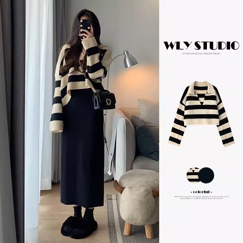 Polo collar striped short sweater women's autumn and winter lazy style 2023 new style this year's popular beautiful tops autumn