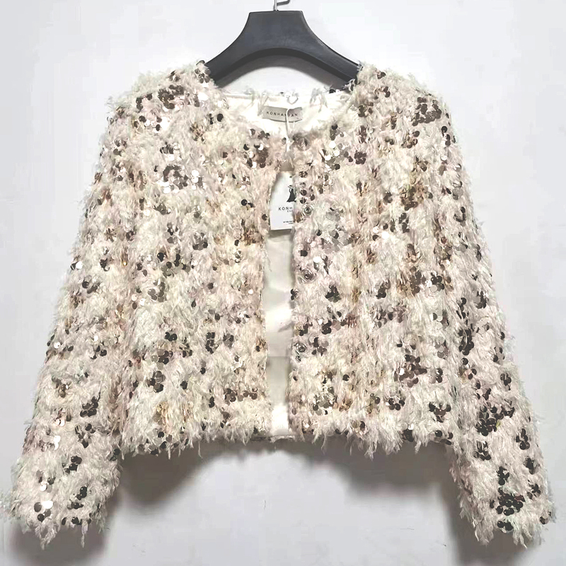 Sparkling sequin tassel short coat for women short style small fragrance heavy industry fluffy top