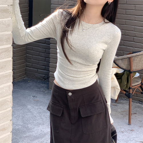 Real shot of short long-sleeved bottoming shirt for women 23 autumn and winter plus velvet slim pleated with chest pad elastic inner T-shirt top