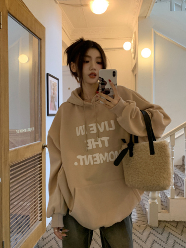 Velvet and thickened printed hooded sweatshirt women's new autumn and winter loose mid-length long-sleeved top