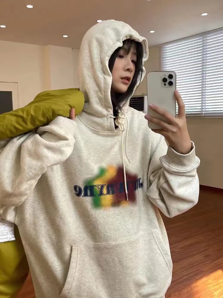 American fashion brand gray sweatshirt for women autumn oversize lazy style hooded jacket college style loose top trendy