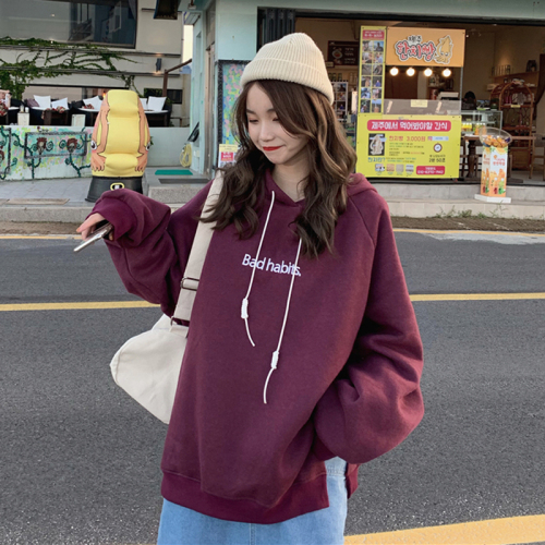 Real shot!  Korean style simple embroidered letters hooded slit velvet sweatshirt for women autumn and winter loose and versatile jacket