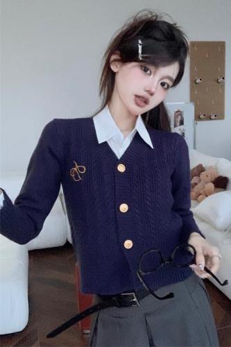 Real shot of long-sleeved knitted sweater cardigan Korean style design V-neck slim fit embroidered sweater jacket