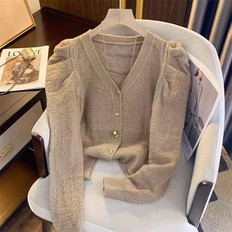 Puff sleeve V-neck cardigan knitted jacket 2023 early spring French retro style high-end beautiful short top