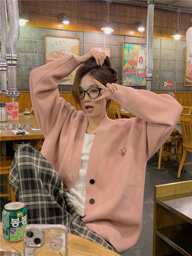 Love embroidered black v-neck sweater cardigan for women in autumn and winter loose mid-length lazy style sweater jacket