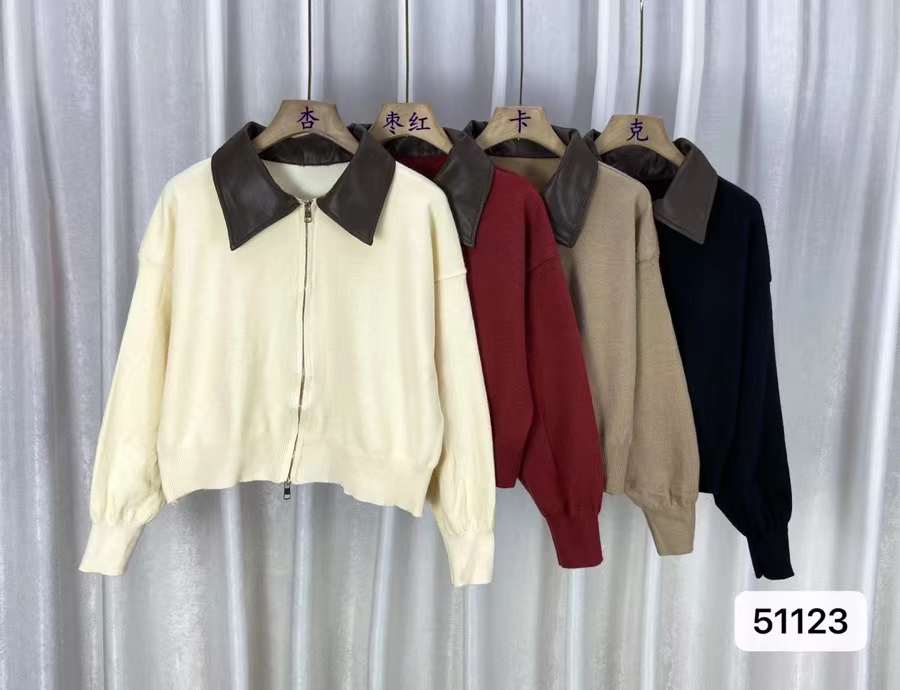 New autumn and winter Korean style high-end fashion stitching leather collar double zipper knitted long-sleeved top jacket
