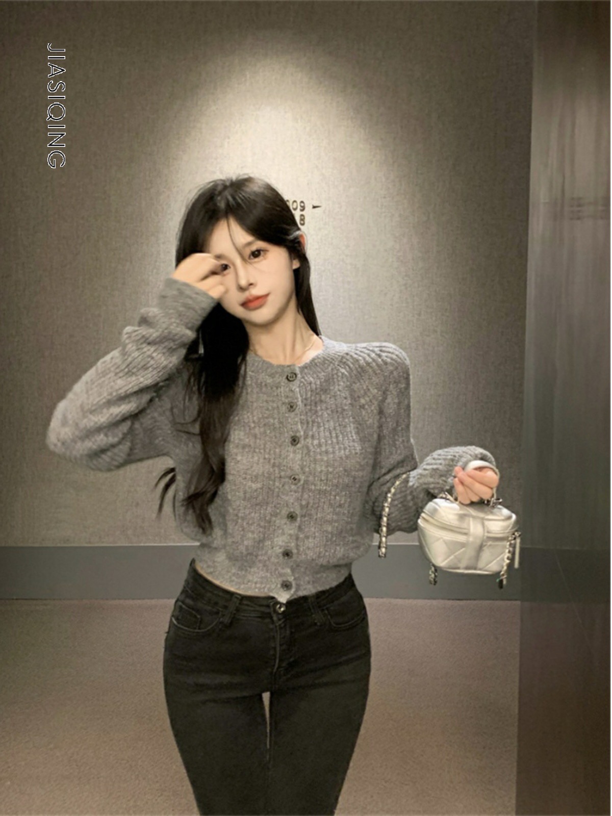 Gray small fragrant knitted sweater cardigan top women's solid color round neck sweater coat autumn and winter wear sweater